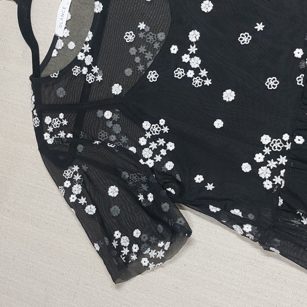 Glance Top Size XL Black Embroidered Floral Sheer Babydoll - Picture 5 of 13